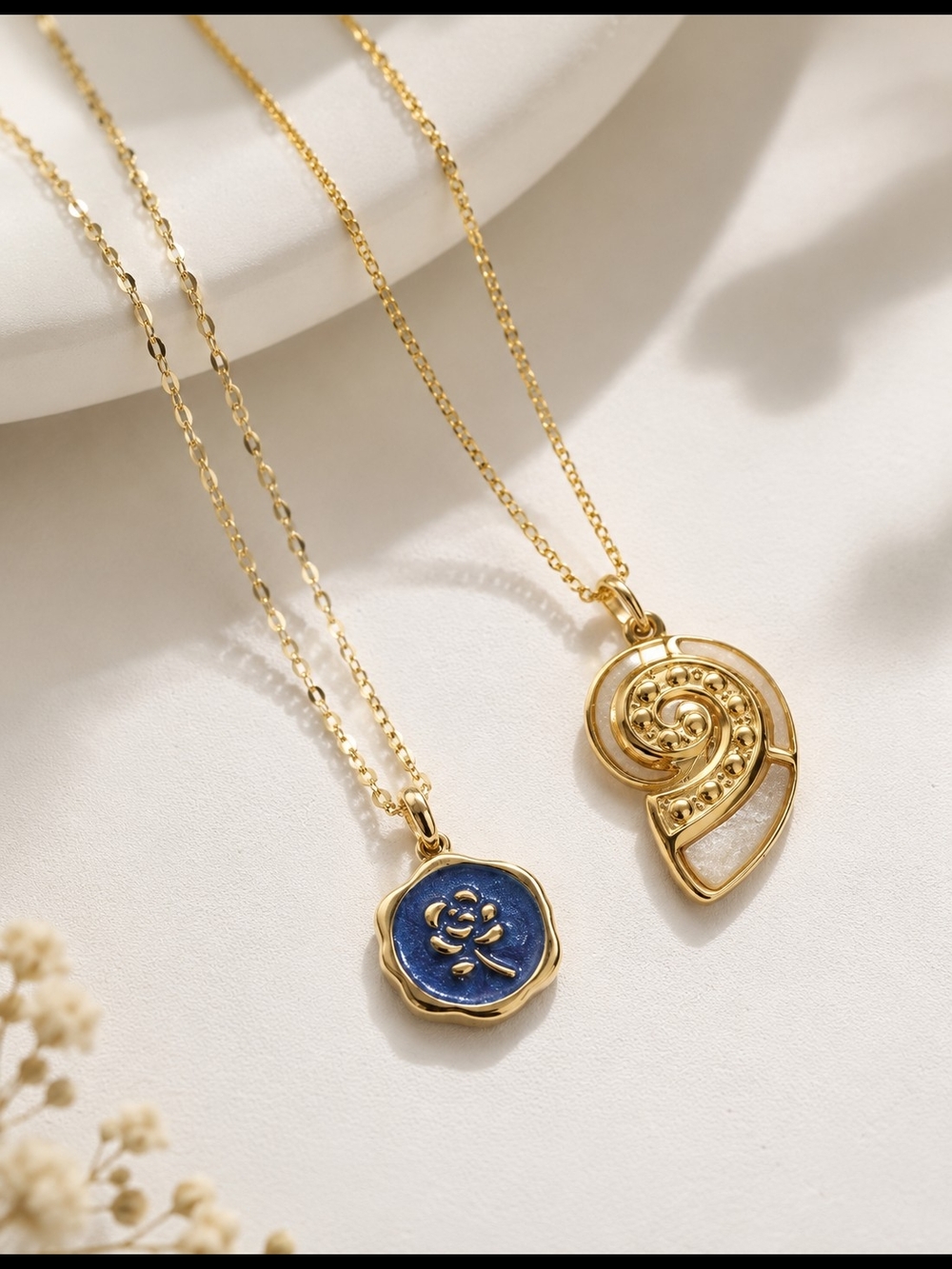 Gold Blue Enamel Floral Pendant Necklace - Women Jewelry